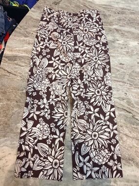 LOFT Ann Taylor Floral Pants Women’s Size 8 Brown Cream Wide Leg Stretch